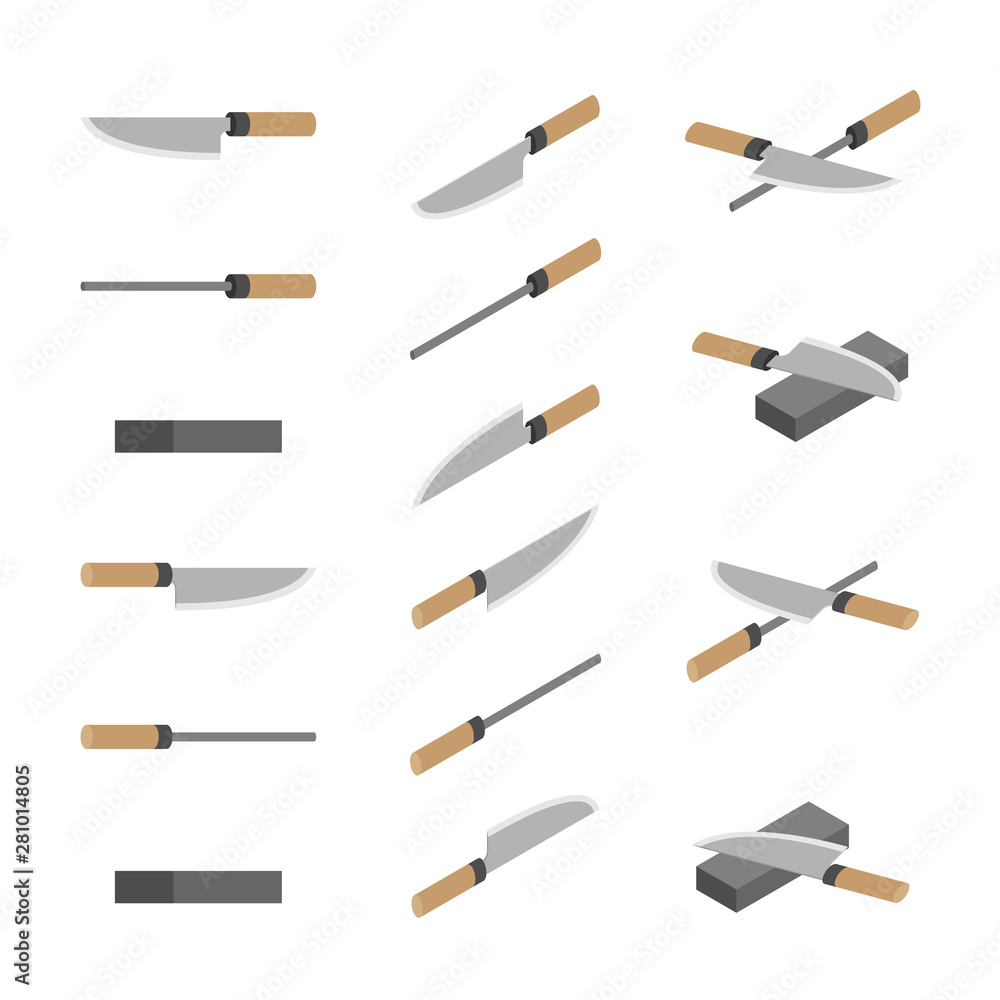 Japanese or Chinese Knives, whetstone and sharpener 3D isometric, Sharpen Kitchen knife utensils concept poster and banner design illustration isolated on white background with space, vector eps 10 Japanese or Chinese Knives, whetstone and sharpener 3D isometric, Sharpen Kitchen knife utensils concept poster and banner design illustration isolated on white background with space, vector eps 10