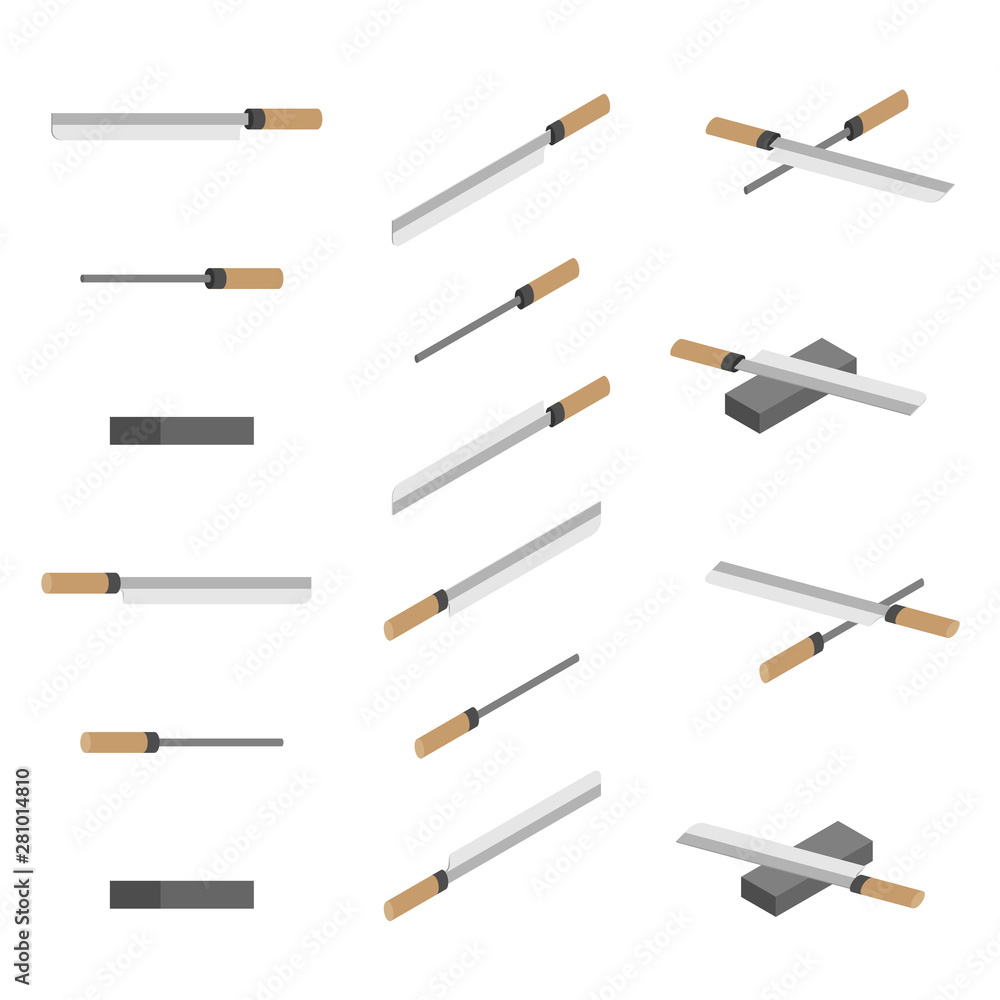 Japanese or Chinese Knives, whetstone and sharpener 3D isometric, Sharpen Kitchen knife utensils concept poster and banner design illustration isolated on white background with space, vector eps 10