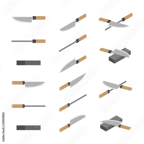 Japanese or Chinese Knives, whetstone and sharpener 3D isometric, Sharpen Kitchen knife utensils concept poster and banner design illustration isolated on white background with space, vector eps 10