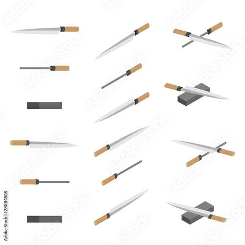 Japanese or Chinese Knives, whetstone and sharpener 3D isometric, Sharpen Kitchen knife utensils concept poster and banner design illustration isolated on white background with space, vector eps 10