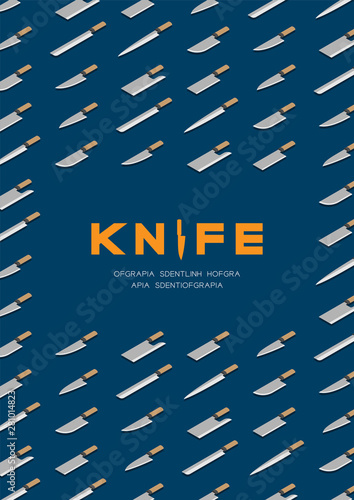 Japanese or Chinese Knives 3D isometric pattern, Kitchen knife utensils concept poster and banner vertical design illustration isolated on blue background with copy space, vector eps 10