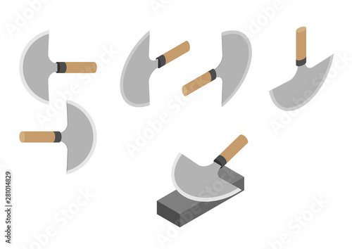Japanese leather knives Half Moon or Round style, whetstone and sharpener 3D isometric, Sharpen knife concept poster and banner vertical design illustration isolated on white background, vector eps 10