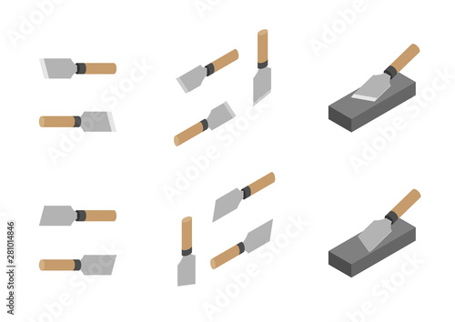 Japanese leather knives, whetstone and sharpener 3D isometric, Sharpen knife concept poster and banner vertical design illustration isolated on white background with copy space, vector eps 10