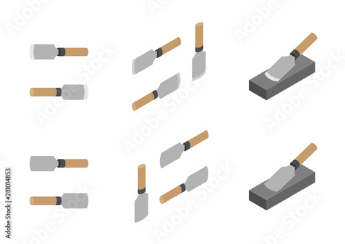 Japanese leather knives, whetstone and sharpener 3D isometric, Sharpen knife concept poster and banner vertical design illustration isolated on white background with copy space, vector eps 10
