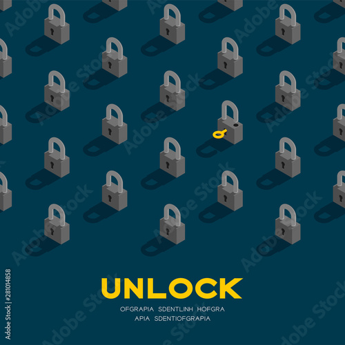 Lock and key 3D isometric pattern, Password unlock concept poster and banner square design illustration isolated on blue background with copy space, vector eps 10 photo