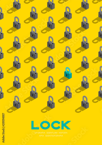 Lock 3D isometric pattern, Password unlock concept poster and banner vertical design illustration isolated on blue background with copy space, vector eps 10