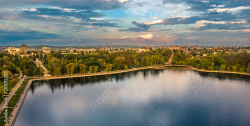 Aerial panoramic shot of Chisinau city with Valea Morilor park. Moldova © pelinoleg
