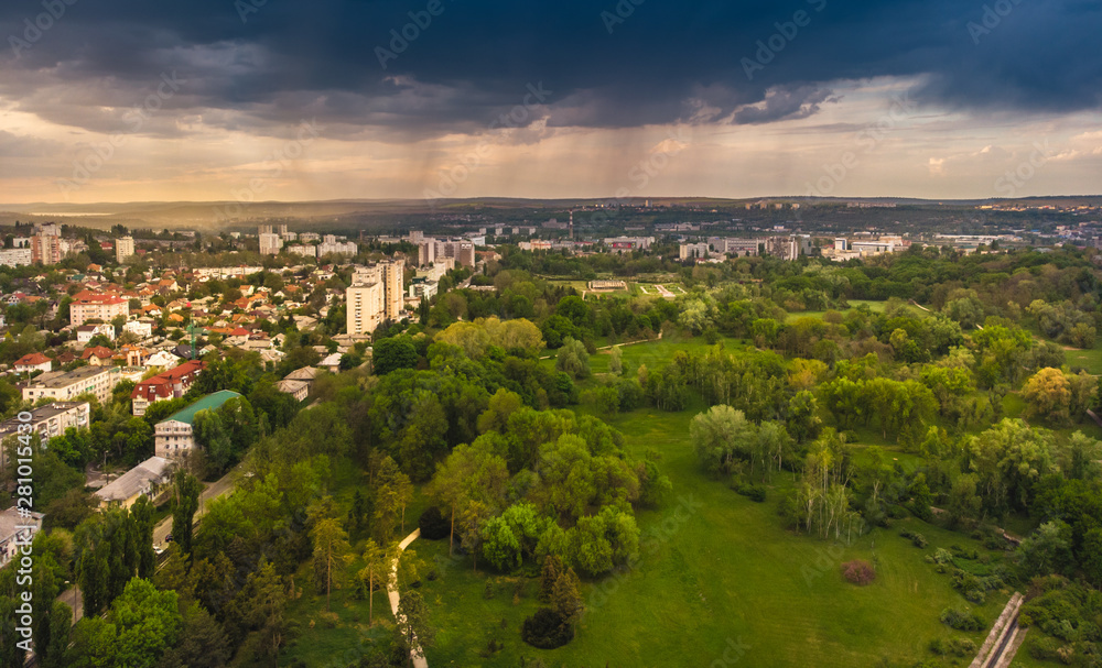Aerial panoramic shot of Chisinau city with Valea Morilor park. Moldova