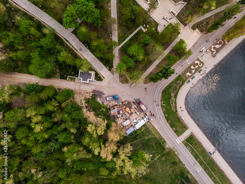 Aerial panoramic shot of Chisinau city with Valea Morilor park. Moldova