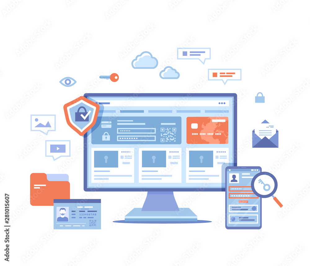 Internet Security. User’s personal data protection, safety confidentiality, safe network. Monitor and phone with shield and lock. Password request and username. Vector illustration on white background Internet Security. User’s personal data protection, safety confidentiality, safe network. Monitor and phone with shield and lock. Password request and username. Vector illustration on white background