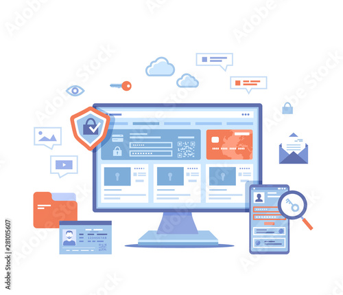 Internet Security. User’s personal data protection, safety confidentiality, safe network. Monitor and phone with shield and lock. Password request and username. Vector illustration on white background