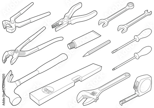 Construction tool collection - vector isometric outline illustration