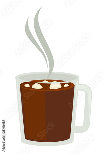 Cocoa or hot chocolate with marshmallow in glass cup isolated object