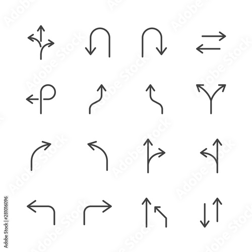 Traffic Navigation Arrows Minimal Line Icon. Vector Illustration Flat style. Included Icons as Turn, Left Hand Curve, Narrow Road. Editable Stroke. 48x48 Pixel Perfect