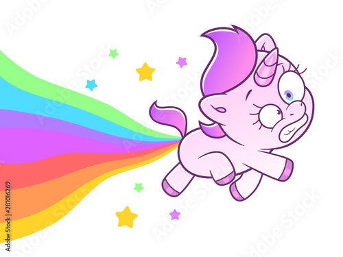 Cute crazy unicorn makes rainbow