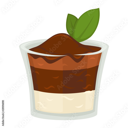 Dessert in glass layered mousse and chocolate cocoa and leaf