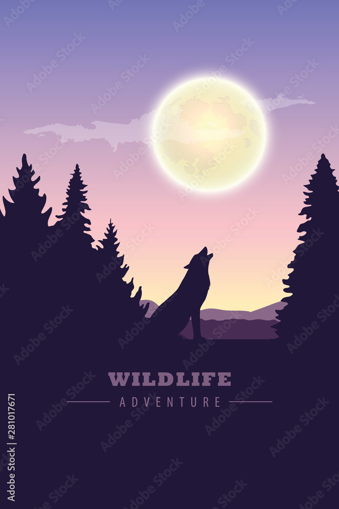 wildlife adventure wolf in the wilderness howling to the full moon vector illustration EPS10