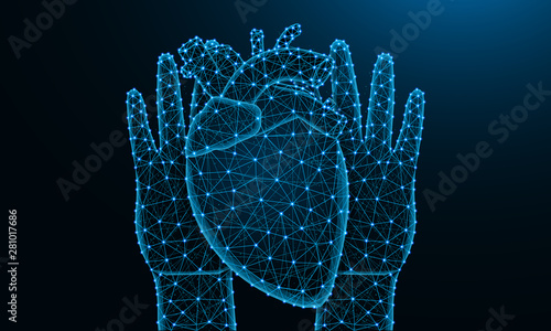 Hands and human heart low poly design, human organ in polygonal style, cardiology wireframe vector illustration made from points and lines on dark blue background