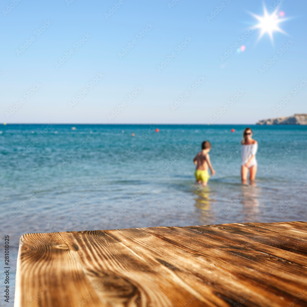 Desk of free space and summer beach landscape Desk of free space and summer beach landscape