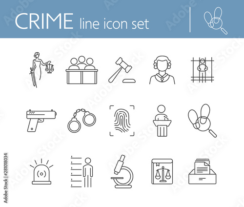 Crime line icon set. Themis statue, judge gavel, fingerprint. Justice concept. Can be used for topics like court, trial, investigation, evidence