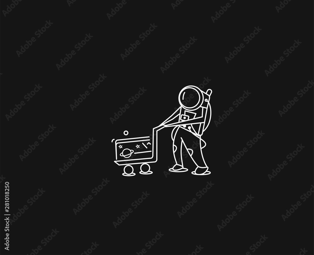 Astronauts with shopping trolley, Flat Line Art Vector Design illustration. Astronauts with shopping trolley, Flat Line Art Vector Design illustration.