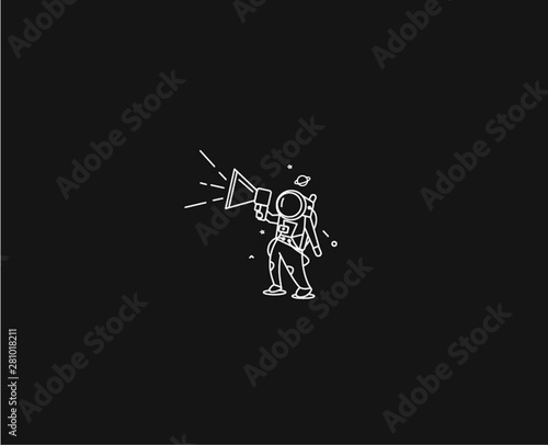 Astronaut is calling for a sale ( announcement ) - Flat Line Art Design Illustration.