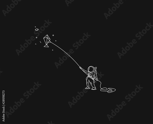 Astronauts Flying kite, Flat Line Art Vector Design illustration.