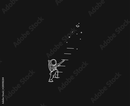 Astronaut climbs the stairs - Flat Line Art Design Illustration.