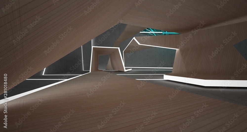 Obraz premium Abstract concrete, glass and wood interior with neon lighting. 3D illustration and rendering.