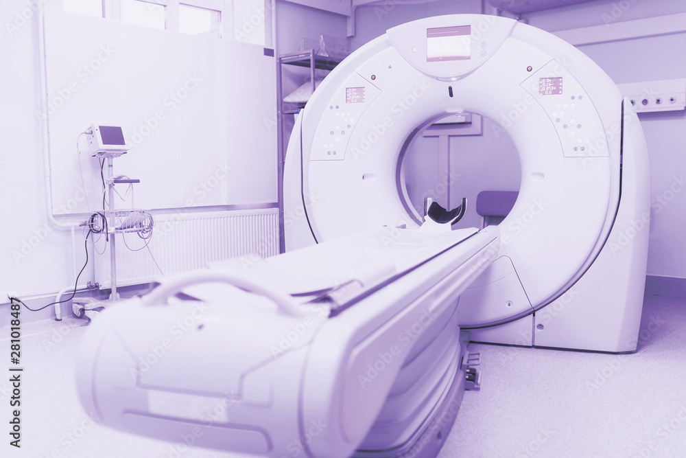 CT (Computed tomography) scanner in hospital laboratory. exam medical room scan. CMYK advertising banner. Health insurance concept, free medicine. CT (Computed tomography) scanner in hospital laboratory. exam medical room scan. CMYK advertising banner. Health insurance concept, free medicine.