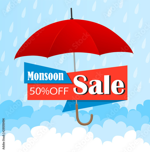 Monsoon 50% off sale concept with red umbrella. Background, banner, poster with season raining drops