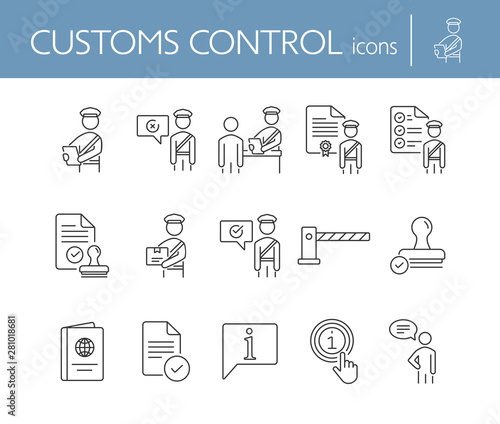 Customs control icons. Set of line icons. Faqs, passport, customs check, customs inspection. Immigration concept. Vector illustration can be used for topics like security, travel, airport