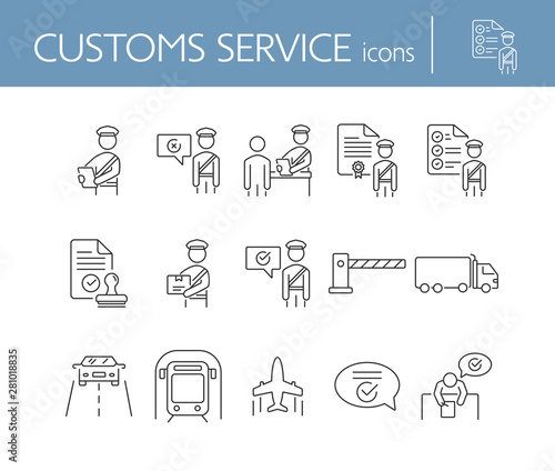 Customs service icons. Set of line icons. Check of package, truck, airplane, train. Logistics concept. Vector illustration can be used for topics like shipment, transportation, delivery