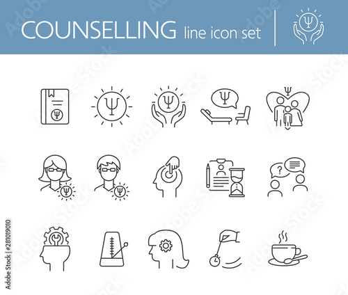 Counselling line icon set. Psi letter, hypnosis, cup of tea. Psychology concept. Can be used for topics like mental science, psychological help, assistance
