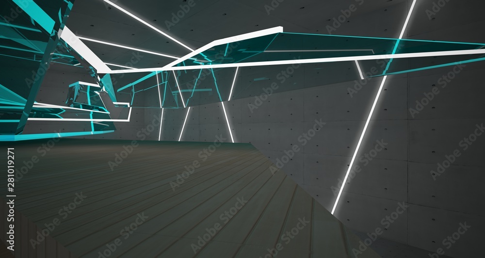 Obraz premium Abstract concrete, glass and wood interior with neon lighting. 3D illustration and rendering.