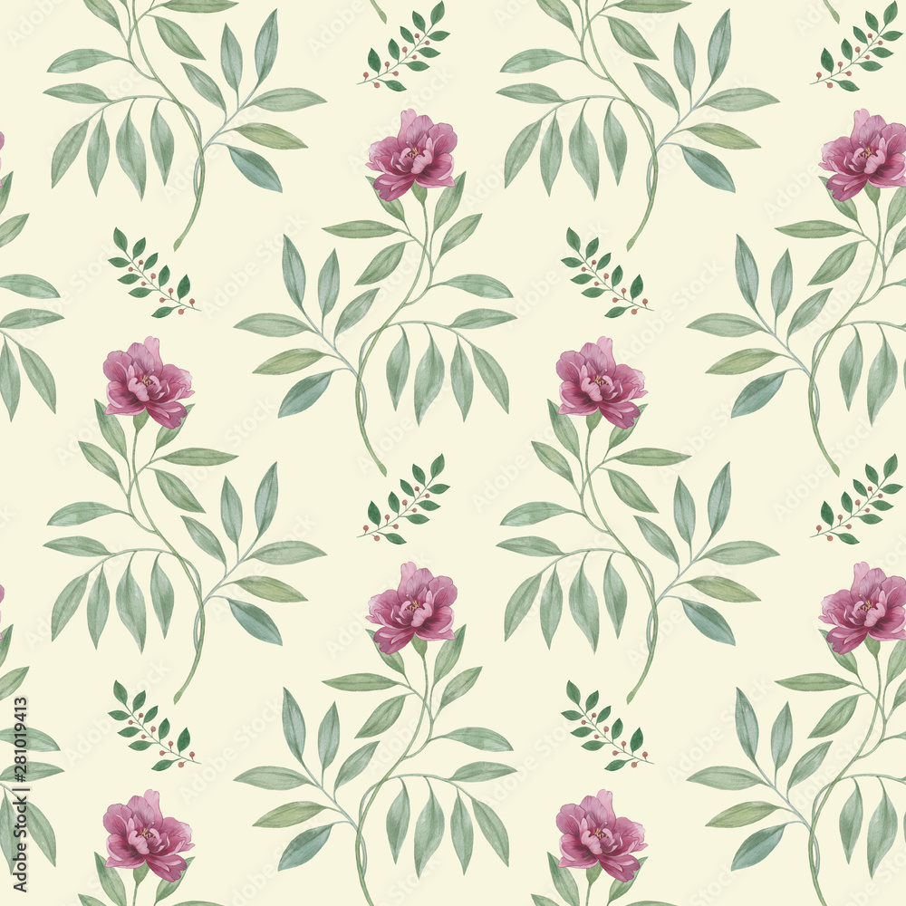 Seamless watercolor flowers pattern. Hand painted pion. Botanical pattern. Ornament flowers.