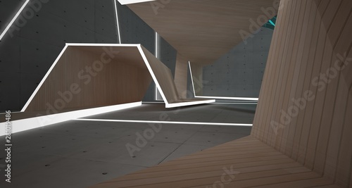 Abstract concrete, glass and wood interior with neon lighting. 3D illustration and rendering.