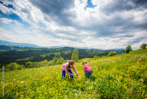 Children walking in the flowering meadow © alyonkastock