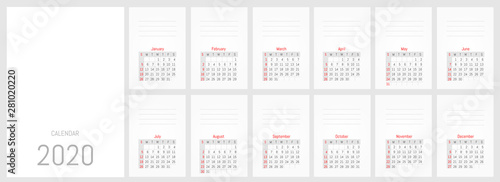 2020 monthly wall calendar. Vector simple design