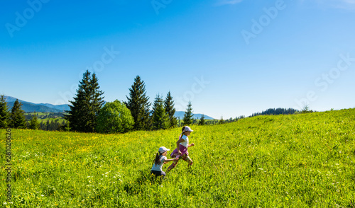 Children walking in the flowering meadow