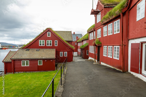 Old town of capital city of Torshavn. Typical houses with peat roof ( grass roof ). Faroes Islands. Denmark. Europe. photo