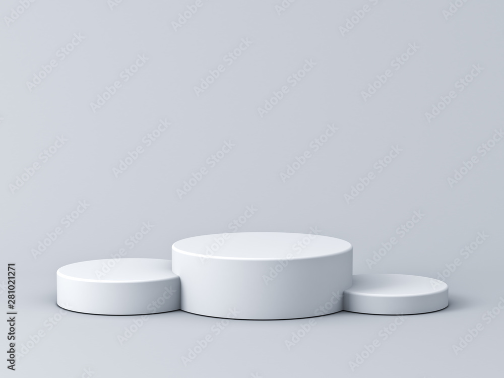 Blank white podium isolated on gray background with shadows 3D rendering Blank white podium isolated on gray background with shadows 3D rendering