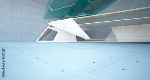 Abstract  concrete  glass and wood interior  with window. 3D illustration and rendering.