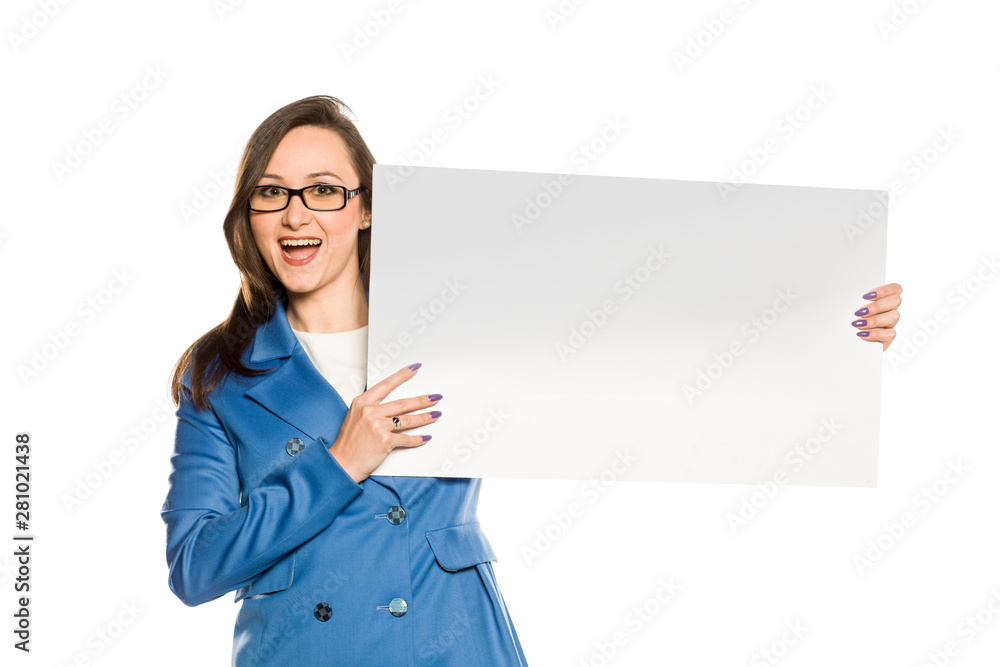 Young smiling business woman holding empty board on white background Young smiling business woman holding empty board on white background