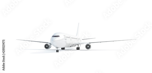 Blank white boeing mockup stand, half front view, isolated, 3d rendering. Empty craft jet mock up. Clear airplane with chassis and crew cabin template. photo