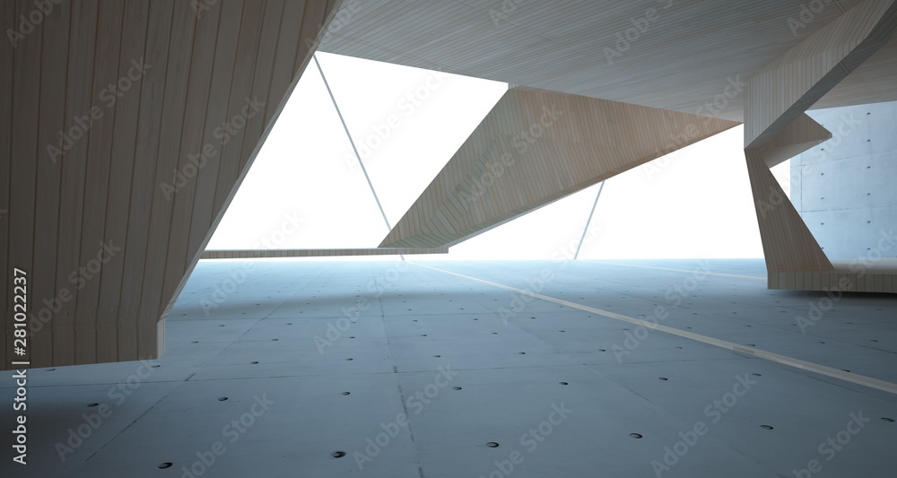 Abstract concrete, glass and wood interior with window. 3D illustration and rendering. Abstract concrete, glass and wood interior with window. 3D illustration and rendering.