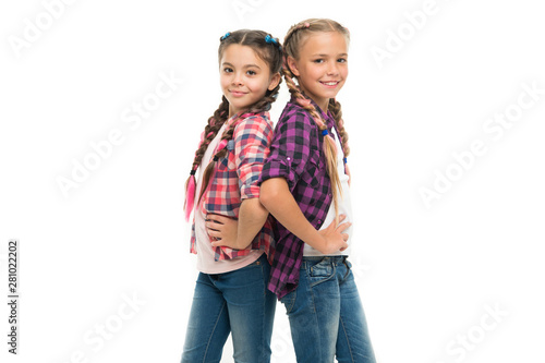 Happy childhood. Keep hair braided. Sisters with long braided hair. Hairdresser salon. Having fun. Rebellious spirit. Hairstyles school style. Girls long braids. Fashion trend. Fashionable cutie
