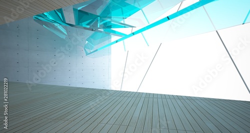Abstract  concrete  glass and wood interior  with window. 3D illustration and rendering.