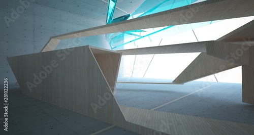 Abstract concrete, glass and wood interior with window. 3D illustration and rendering.
