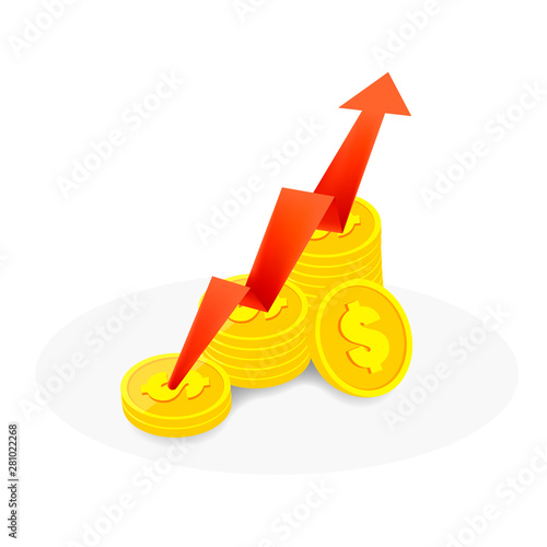 the red arrow goes up on the coins on a white background, and underneath the shadow. The size of the stack of coins is increasing